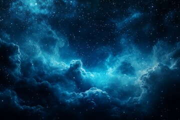 Obraz premium Cosmic Cloudscape: A Stunning View of Deep Blue Clouds Illuminated by a Luminous Glow, Scattered with Sparkling Stars, Evoking a Mystical and Celestial Atmosphere