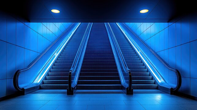 Blue-lit escalators ascend in modern subway station