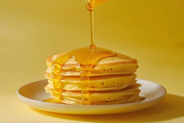 Delicious Golden Pancakes Stack with Drizzling Honey Syrup on Plate