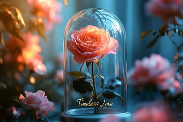A single rose in a glass dome on a soft pastel background, with "Timeless Love" inscribed below in gold. Bright lighting, contrast