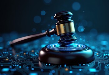 A close-up of a gavel on a sound block, rendered in a futuristic, digital style with glowing particles and a circuit board background.
