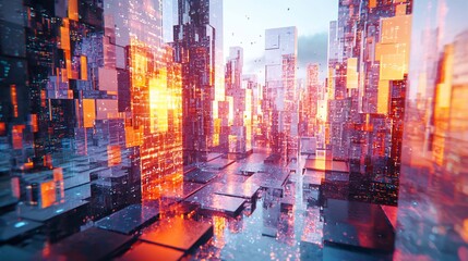 Obraz premium Futuristic Cityscape Illuminated With Glowing Orange Towers