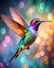 Fototapeta premium A vibrant hummingbird hovers in mid-air, showcasing its colorful feathers against a blurred, shimmering background.
