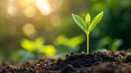Fototapeta premium Young Plant Sprouting from Rich Soil Surrounded by Greenery and Natural Light