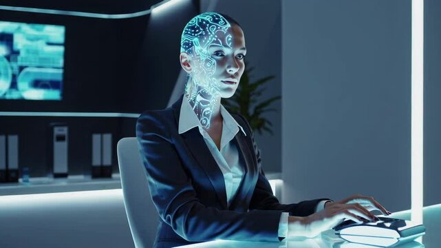 High-Tech Cybernetic Woman Answering Business Queries