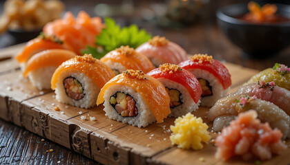 Beautifully plated sushi on a wooden board