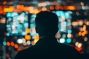 Fototapeta premium Man Silhouetted Against Bright City Lights Viewing Data Screen