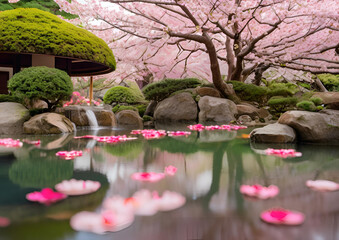 A quiet Japanese garden during cherry blossom season, with pink petals gently falling into a koi pond.