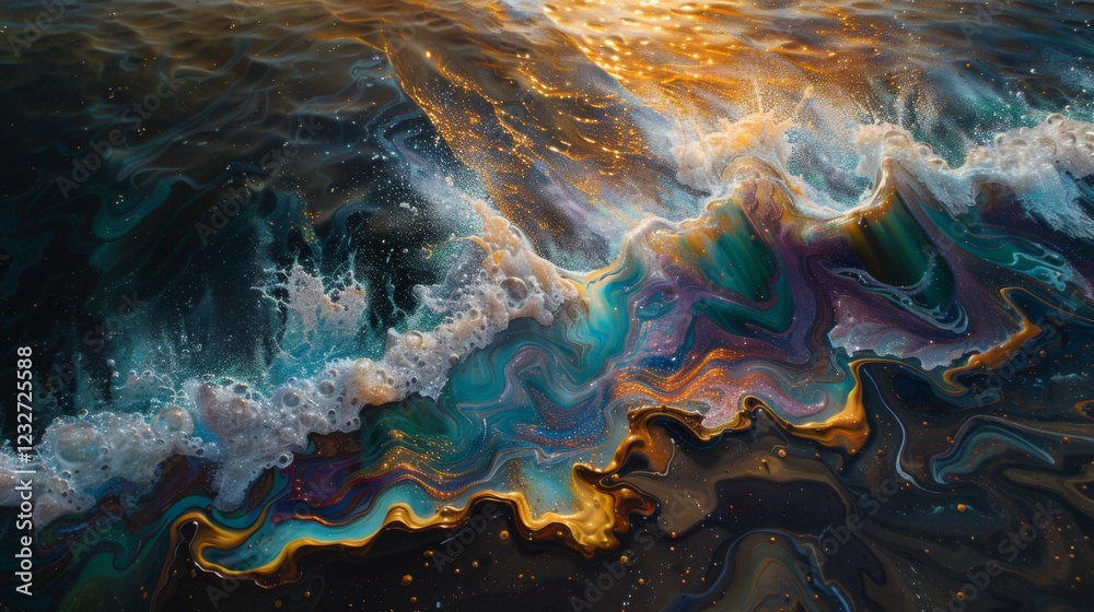 Poster vibrant waves break on the shore during sunset, showcasing a mesmerizing blend of colors and texture