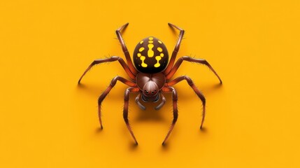 Fototapeta premium a brown spider with yellow markings on its back on a yellow background
