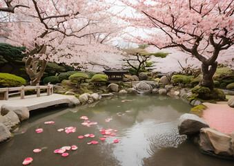 A quiet Japanese garden during cherry blossom season, with pink petals gently falling into a koi pond.