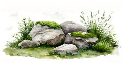 Watercolor painting of stones and grass with greenery in a natural style for decoration 