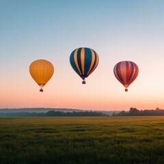 Fototapeta premium three hot air balloons soar over a green field at sunrise