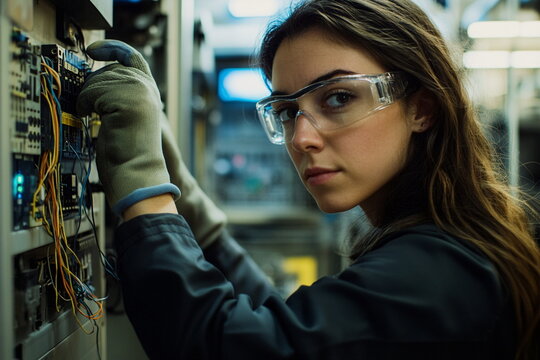 Focused female engineer in protective glasses analyzing data on a computer in a high-tech laboratory. Research, innovation, science, professional, STEM, scientist at work.
