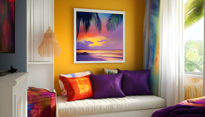 Illustration - Tropical Sunset Beach Scene, Vibrant Decor, and Cozy Nook