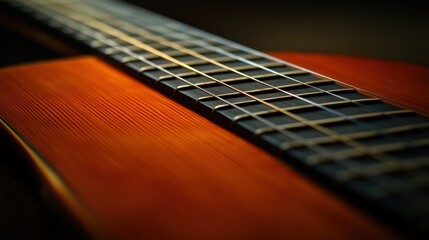 Fototapeta premium Close-up acoustic guitar fretboard, wood grain, dark background, music website