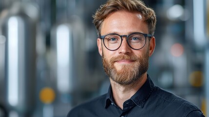 Obraz premium Portrait of a man with a beard and glasses, wearing a black shirt. He is in an industrial setting, with blurred machinery in the background. Soft lighting creates a warm atmosphere.