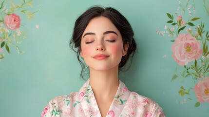 Fototapeta premium Serene young woman with eyes closed, wearing a floral robe against a teal background with a pink floral pattern. Soft lighting enhances her peaceful expression.