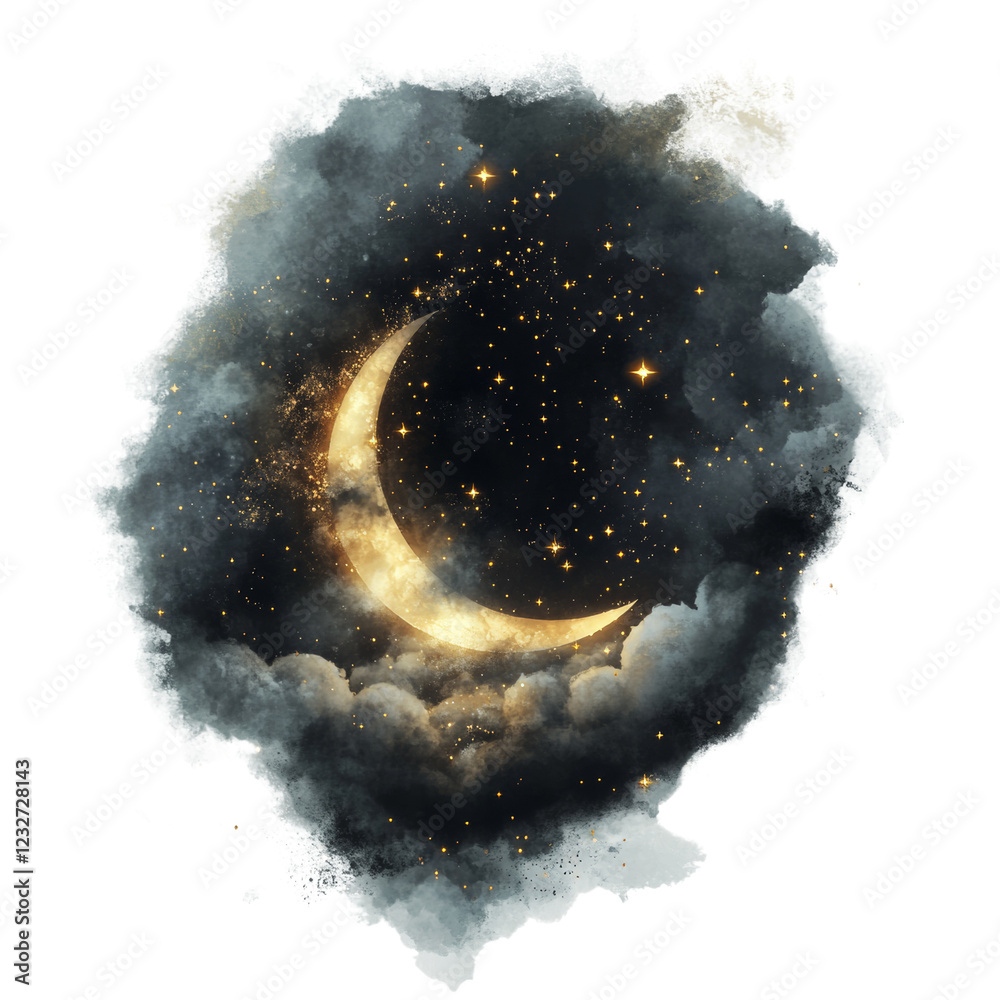 Poster a digital painting depicts a glowing golden crescent moon surrounded by sparkling stars and soft gre