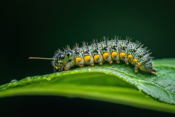 Close-Up of Colorful Caterpillar on Leaf Against Dark Background