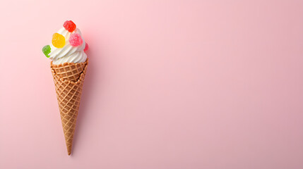 Ice cream cone with colorful gummy candies, set against a pastel pink background, creating a playful and sweet aesthetic.
