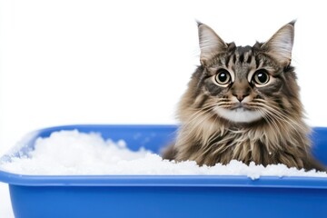 Fototapeta premium Cat in Blue Tray Filled with Snow, Playful and Cute Expression