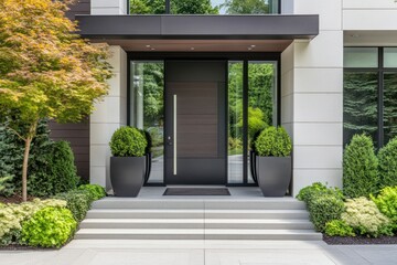 Modern Front Entrance with Stylish Planters and Greenery Accents