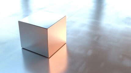 A single, reflective silver cube sits on a polished surface.