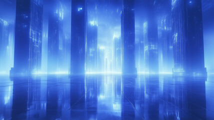 futuristic abstract scene featuring glowing blue pillars and reflective surfaces, creating sense of depth and mystery. atmosphere is ethereal and captivating