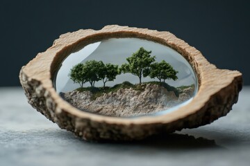 miniature trees in a glass dome on a piece of wood