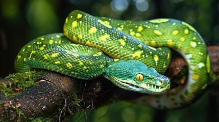 Obraz premium Green Tree Python on a Tree Branch