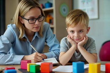 Kid boy with Asperger syndrome looks carefully at the colored blocks in front of him. Woman psychiatrist with pen in her hand looks at the boy.