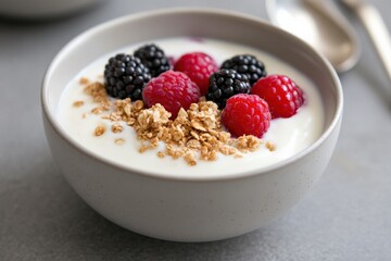 healthy breakfast bowl of yogurt with berries and granola