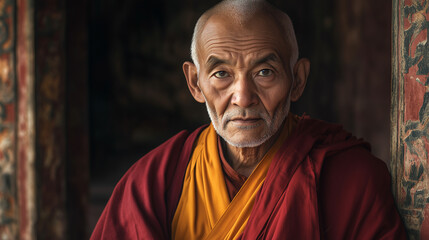 Naklejka premium A monkâs face framed by his red and saffron robes, his eyes filled with wisdom and compassion, as he sits against a backdrop of ancient monastery walls