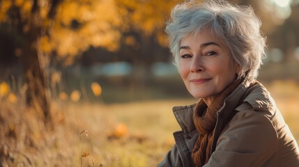 A woman with gray hair is sitting in a field with a scarf around her neck