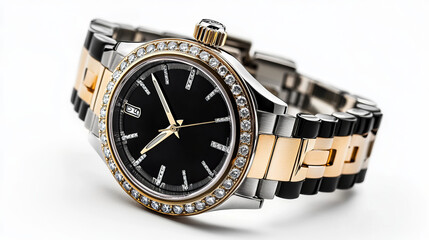 Black circle wrist watch covered by diamond, chrome and gold isolated on white background.