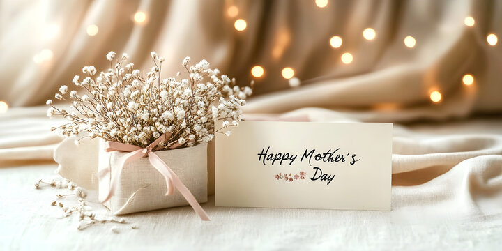 Elegant Mother's Day setup with small bouquet of baby's breath in fabric-wrapped gift, a handwritten card, and soft warm lights in the background