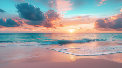 A breathtaking sunset over a tranquil beach, with vibrant clouds reflecting the sun's golden light