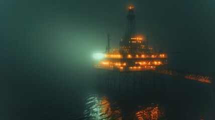 Fototapeta premium An oil rig stands tall in the ocean, brightly lit with orange and yellow lights, surrounded by thick fog. The platform is active, reflecting light on the water's surface under the night sky.