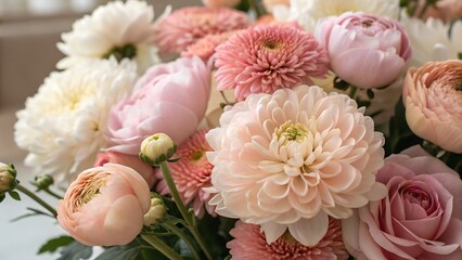 Close-Up of Blooming Peonies, Daisies, and Flowers in Soft Pink, Peach, and White Hues