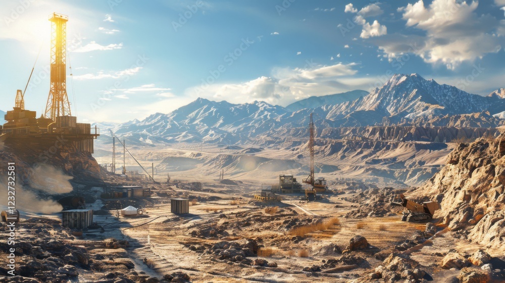 Aufkleber heavy machinery extracts oil in a desolate desert area surrounded by majestic mountains, illuminated