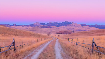 Scenic country road at sunset, leading to mountains