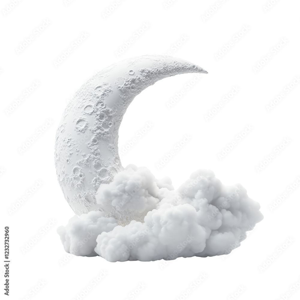 Poster a digitally rendered image depicts a white crescent moon sitting atop a fluffy white cloud formation