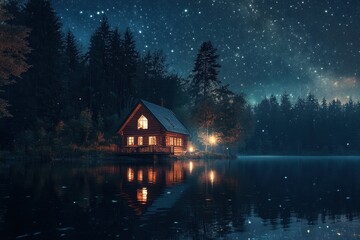 Fototapeta premium Scenic view of cabin in woods reflecting in water under starry night sky . A serene cabin nestled in the woods under a starry night sky, exuding tranquility and natural beauty.
