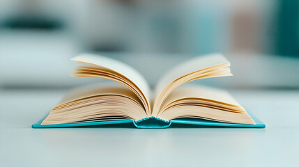 Fototapeta premium Open book on table, pages fanned, blurred background, reading concept