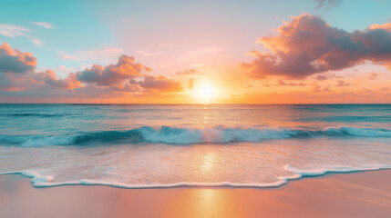 A vibrant sunrise over a serene beach, painting the sky with hues of pink and gold as a new day begins