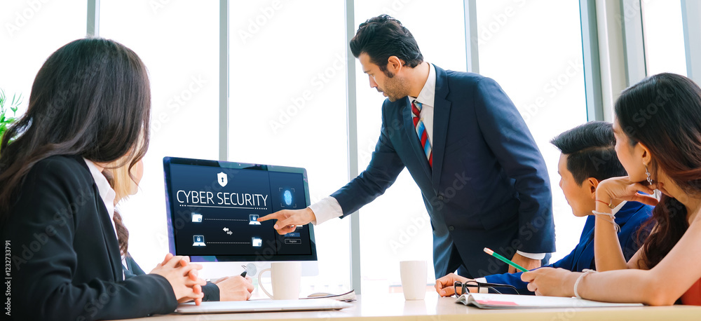Poster cyber security system on computer screen protect private information snugly from hacker and cyber at