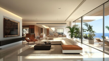 Modern Luxurious Living Room with Ocean View and Sleek Design