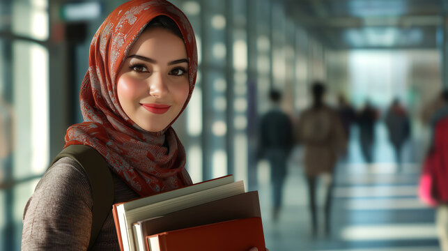 A young woman in a red hijab smiles while holding books in a bright university hallway, symbolizing education, knowledge, and ambition