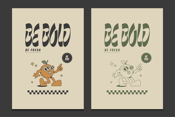 retro 70s poster with a funky cartoon orange character, vector illustartion